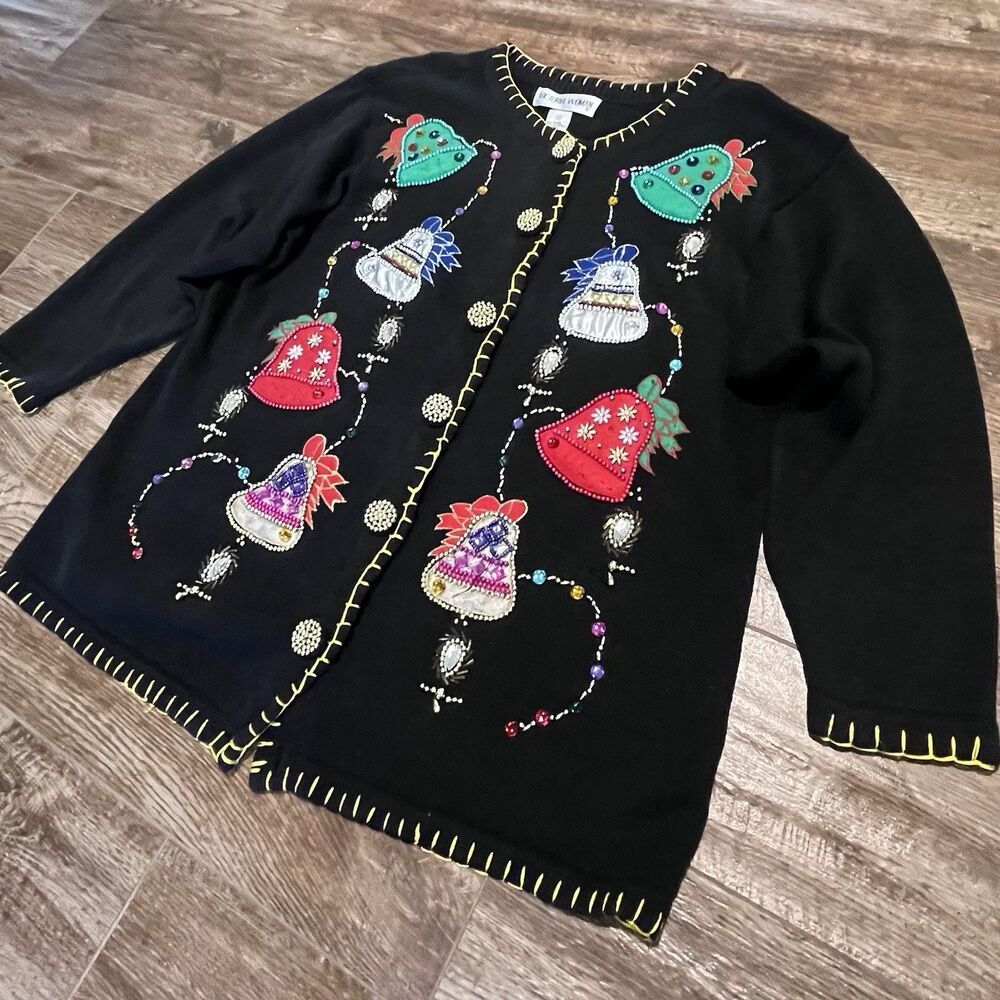 VTG Christmas Sweater Womens 1X Black Victoria Jones Beaded Embroidered Appliqué